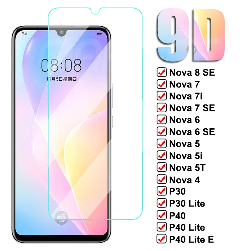 9D Tempered Glass For Huawei P30 P40 Lite E Nova 8 7 6 SE 7i Screen Protector Glass Huawei Nova 5 5i 5T 4 4E 3 3i 3E Glass Film