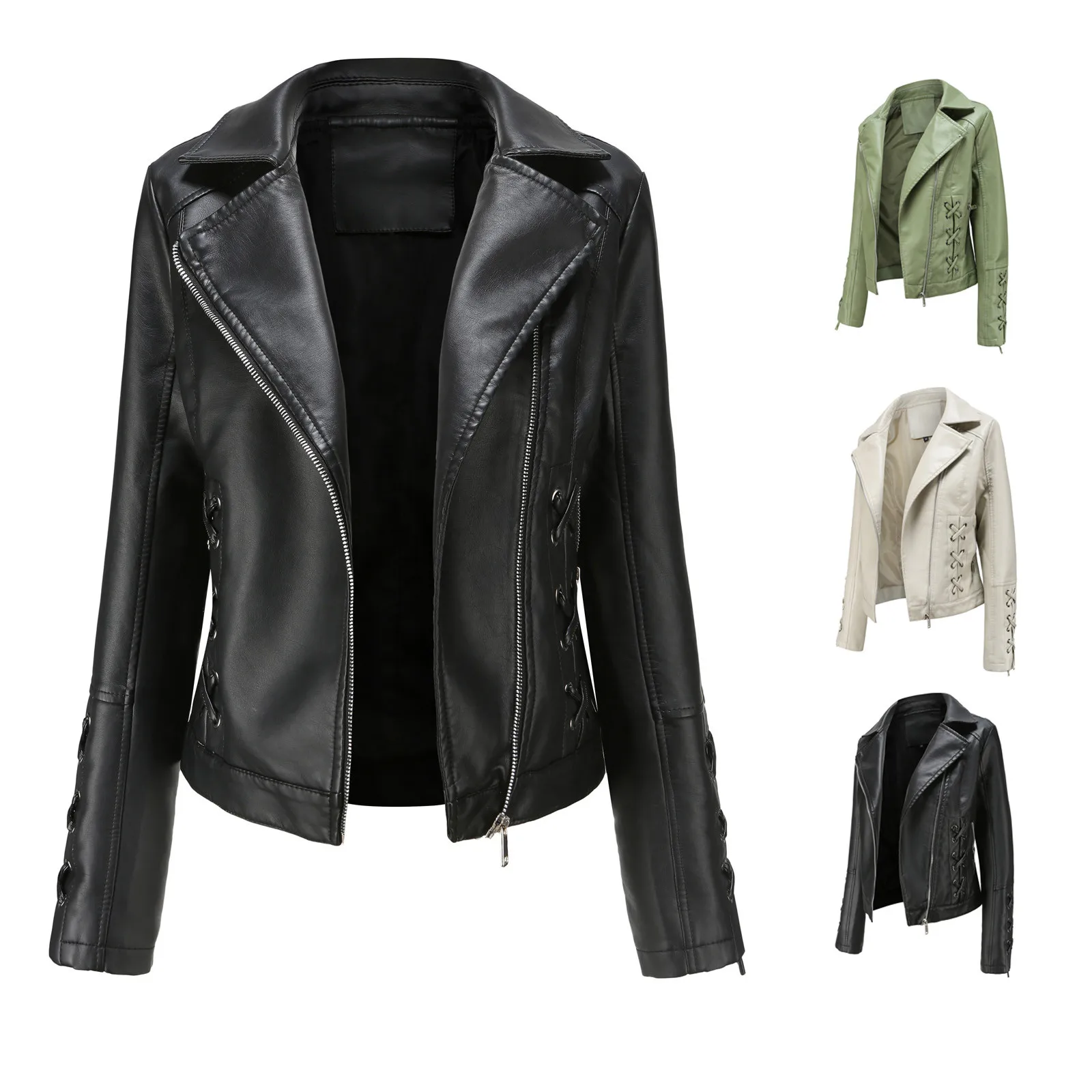 

Женская мотоциклетная кожаная куртка на молнии с отложным воротником