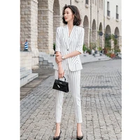 white striped slim blazer summer set for women korean fashion black oversize jacket business suit office clothes two piece lady