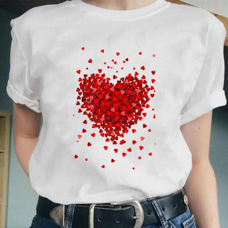 

Женские футболки с коротким рукавом, женская модная одежда с мультяшным принтом Love Heart, новинка 90-х, трендовые летние топы с принтом, футболк...