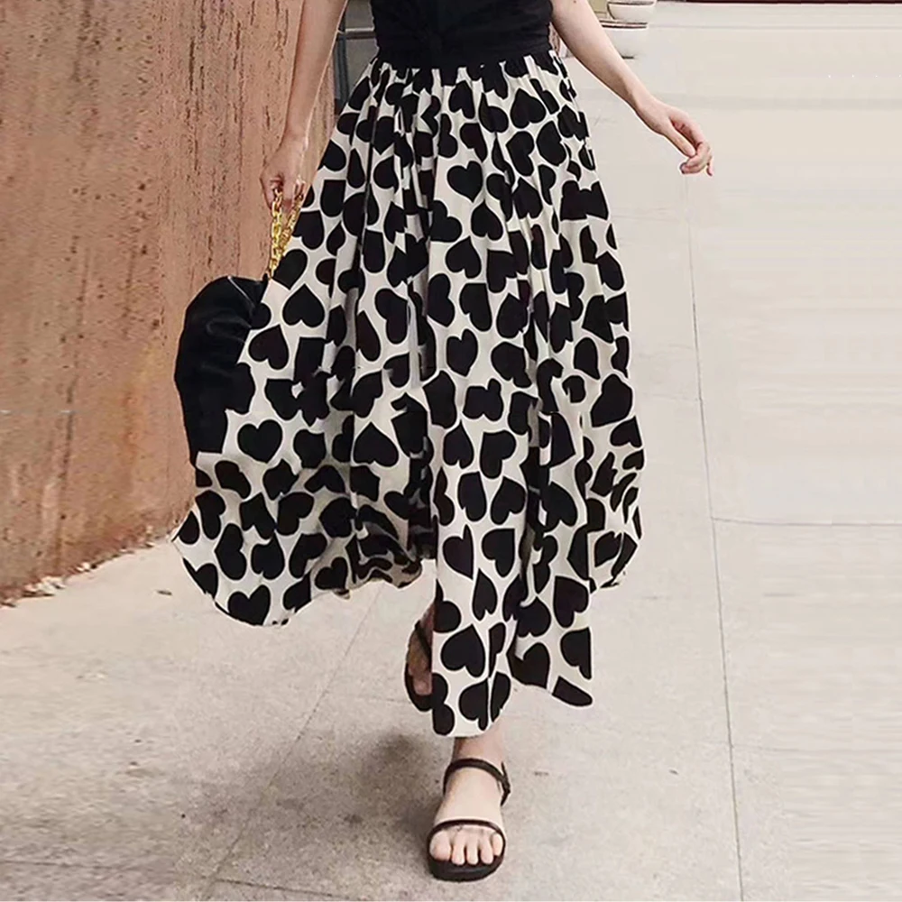 

Skirt 2021 New Maxi One Piece Heart Pattern A-Line Skirts Floral Pattern Ladies Fashion OL Commuting Mid Waist Skirt Casual Slim