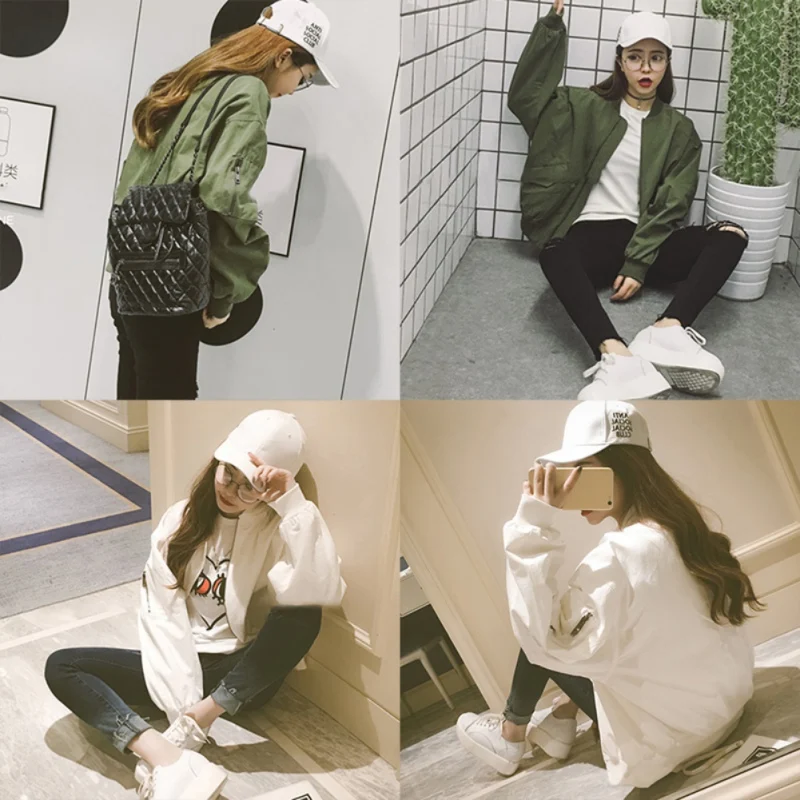 

Spring Autumn Women Jackets Thin Long Sleeve O-Neck Baseball Uniform Coat Early Loose Solid Color Zipper Coat