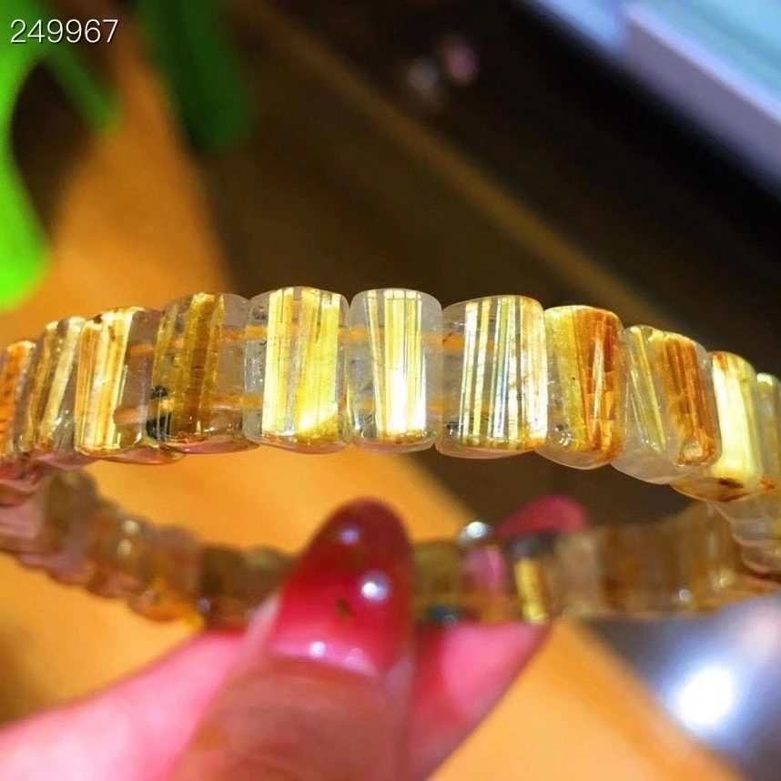 

Genuine Natural Gold Rutilated Titanium Quartz Bangle Bracelet 8.3x5.8x4.4mm Woman Clear Rectangle Beads AAAAAA