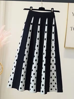 tigena women knitted midi skirt 2021 autumn winter fashion striped dot print a line high waist long skirt female ladies vintage