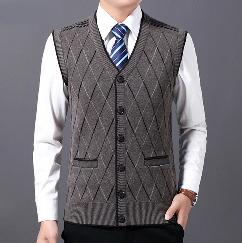 Новинка, вязаный мужской пуловер с v-образным вырезом, без рукавов, деловой стиль, повседневный Однотонный свитер, мужские тонкие свитера, жилет