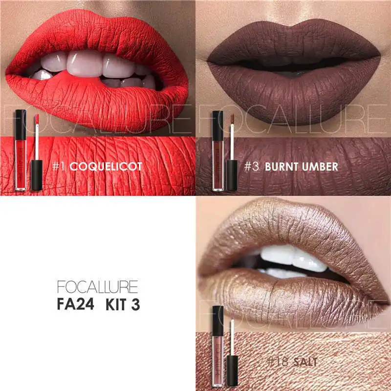KIT3 Focallure Matte металлический бриллиант Хамелеон блеск для губ питательный увлажняющий блеск для губ антипригарная чашка помада перламутровая матовая помада для губ - Цвет: KIT3