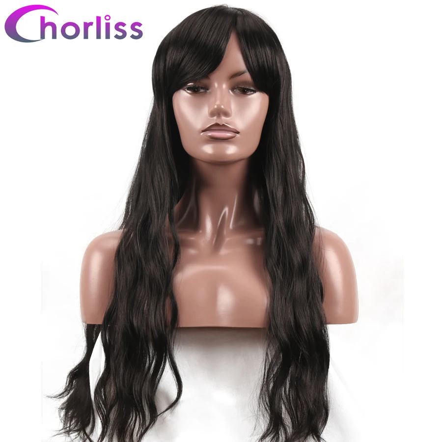 Парики длинные волнистые с полной бахромой синтетические натуральные косыми