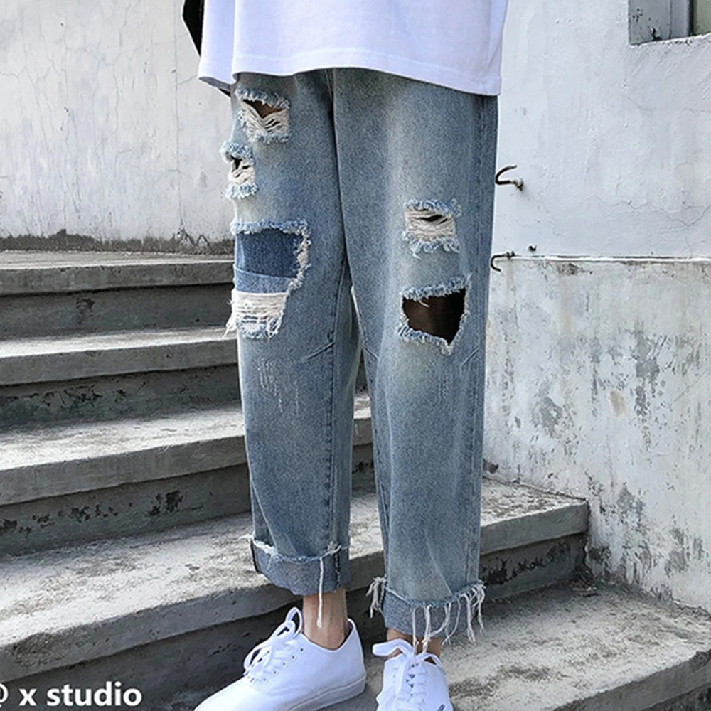 

Джинсы мужские рваные в стиле хип-хоп, модные повседневные свободные трендовые брюки в Корейском стиле, прямые брюки свободного покроя, вес...