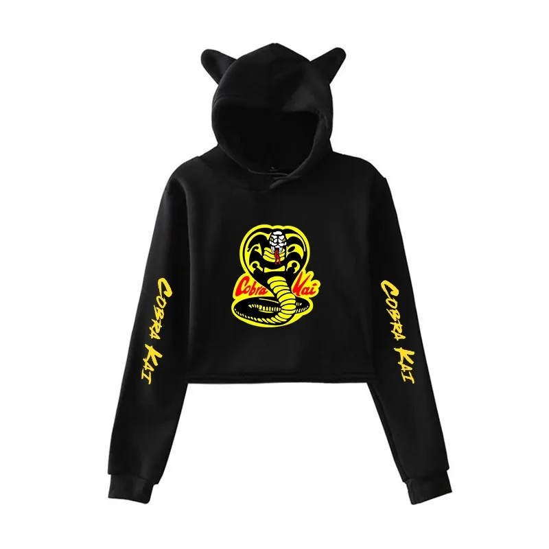 

Cobra Kai Cropped Hoodie Women Fashion Cat Ear Sweatshirt 2021 New Hoodies Girls Autumn Hip hop Streetwear Harajuku Sudaderas