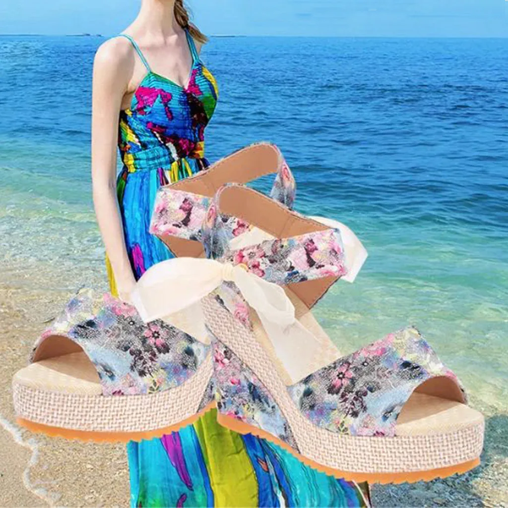

Women Sandals Flowers Wedges High Heels Bohemia Style Summer Lace Up Shoes Ladies Bow Flats 2020 Plus Size Chaussures Femme