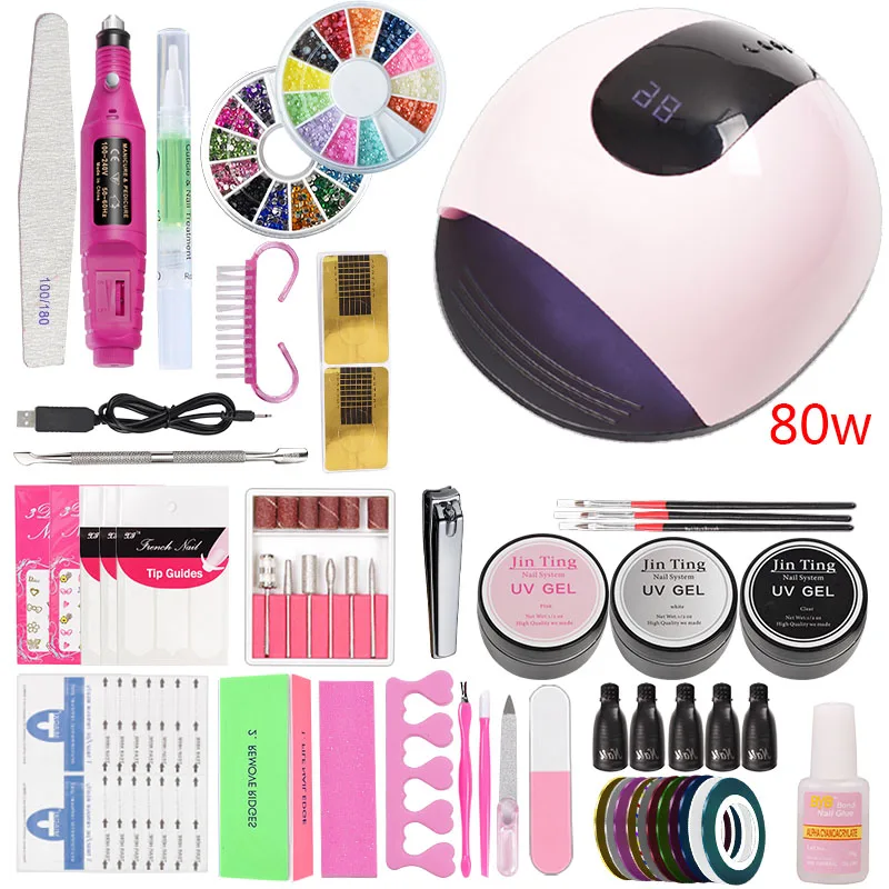 without gel set 80w 10 цветов гель Маникюрный набор Комплект гель-лаков для ногтей 48 Вт/80 Вт Светодиодная УФ лампа гель набор акриловый набор Профессиональный инструмент для ногтей - Цвет: without gel set 80w