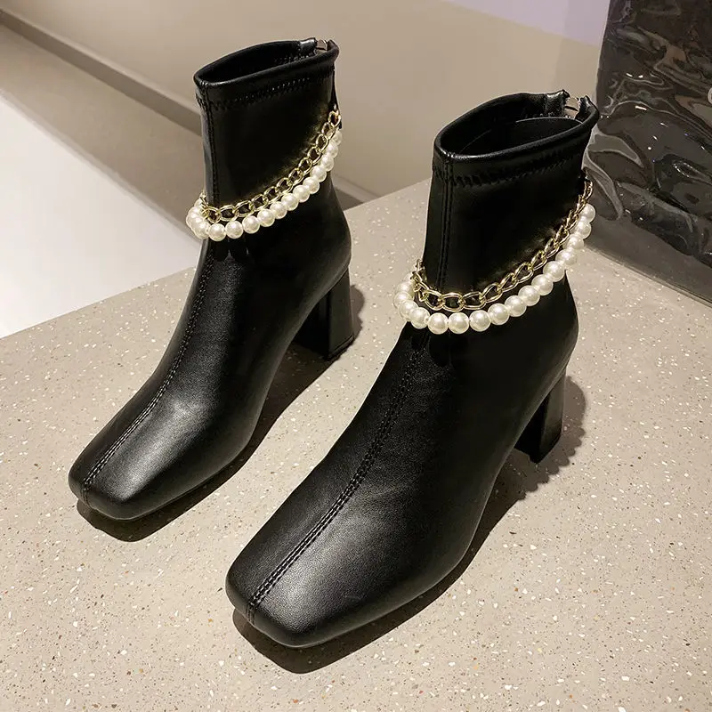 

Square Toe Pearls Chain Deco Ankle Boots Women's Autumn Shoes Size 43 Ladies Med Heels Woman Block Heeled Shoes Fashion Boots