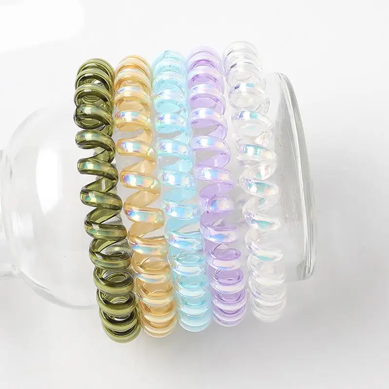 Small Thin Colorful Elastic Plastic Rubber Spiral Coil Telephone Cord Wire No Crease Hair Ties Scrunchies Hair Ring Band 5pcs