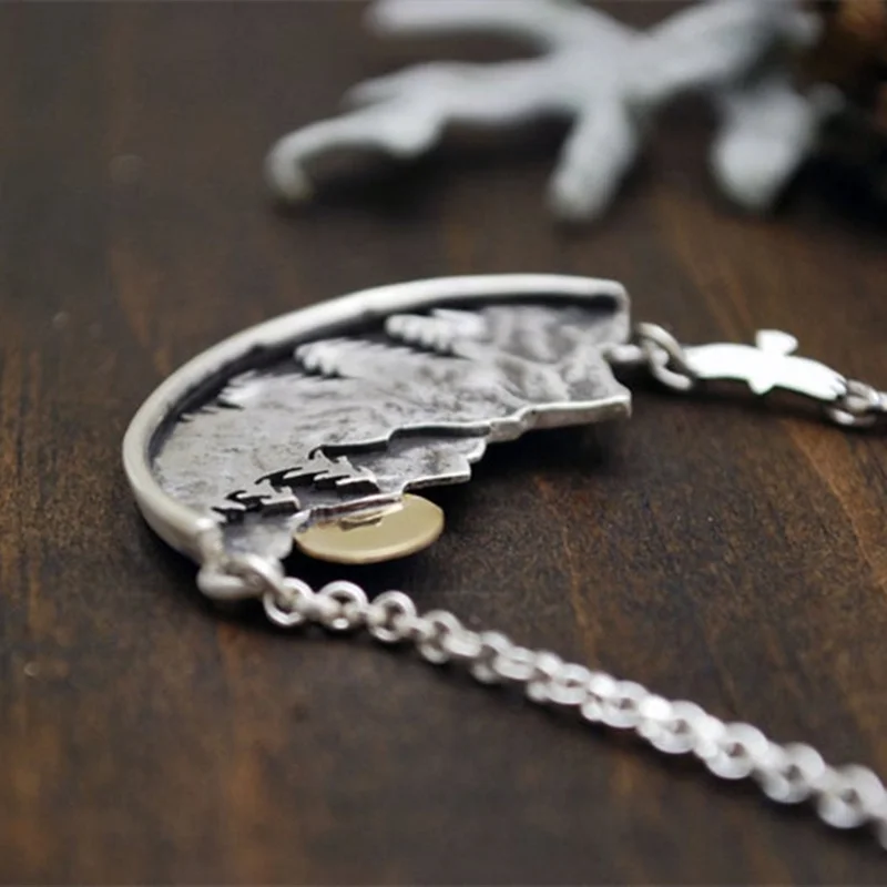 Adventure Awaits Mountain Landscape Necklace | Gold Sun, Flying Bird, and Pine Trees Pendant Necklaces for Women | Fashion Jewelry image 2