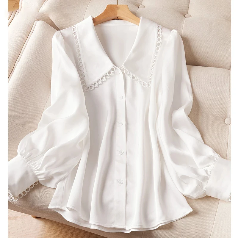 

Formal White Shirt Chiffon Big Lantern Sleeve Shirt Top Hollow Single-Breasted Full Sleeve Elegant Office Ladies Blouse