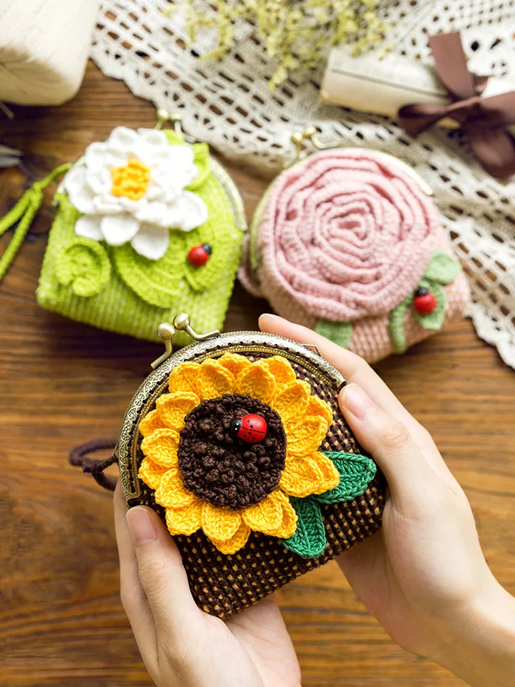 

Handmade DIY Material Tools Bag Mini Purse Wallet Crochet Knitting Set Eco-dyed Needlework Rose Lotus Sunflower Decor Bag