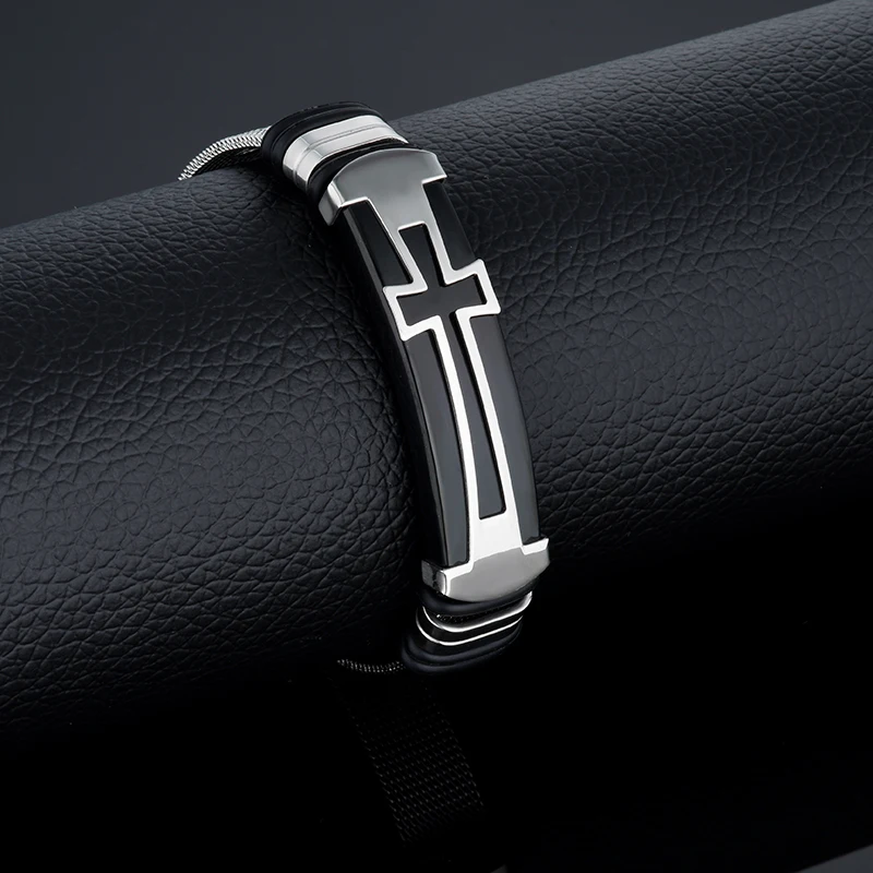 

Boho Cuff Stainless Steel Bracelet Men Cross Gold Black Male Prayer Armhand Bracelets for Men Charm Jewelry
