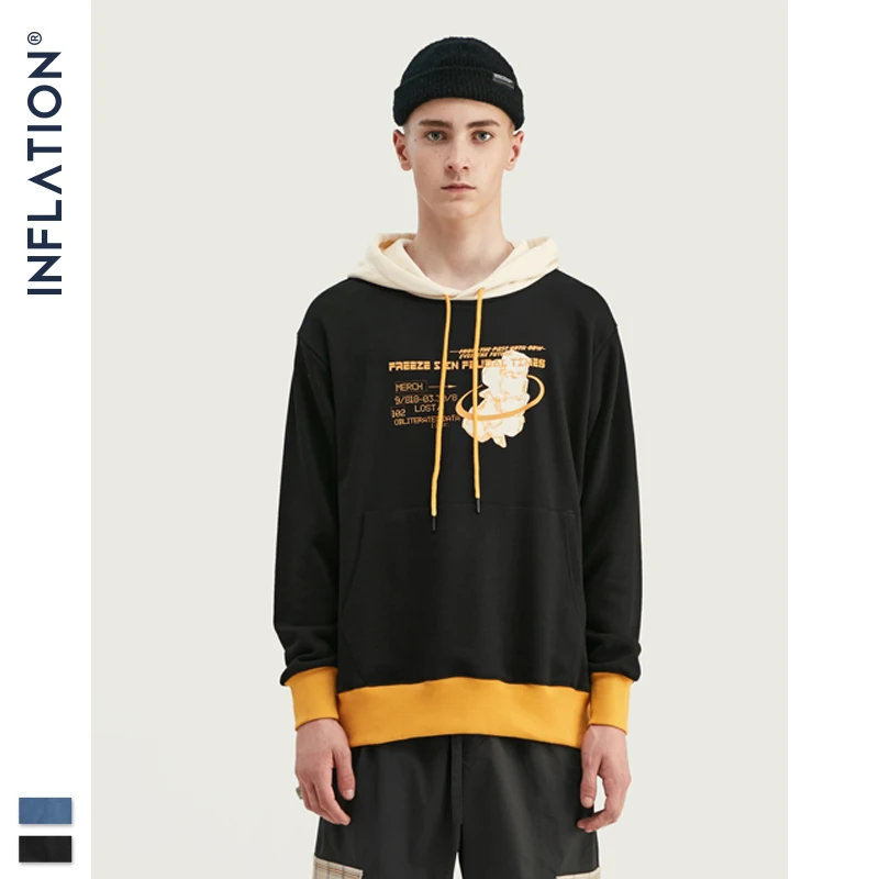 INFLATION Design Loose Fit Hoodie Men Winter Hoodies Colour Block With Print Logo Streetwear Mens Fleece Cotton 9632W | Мужская одежда