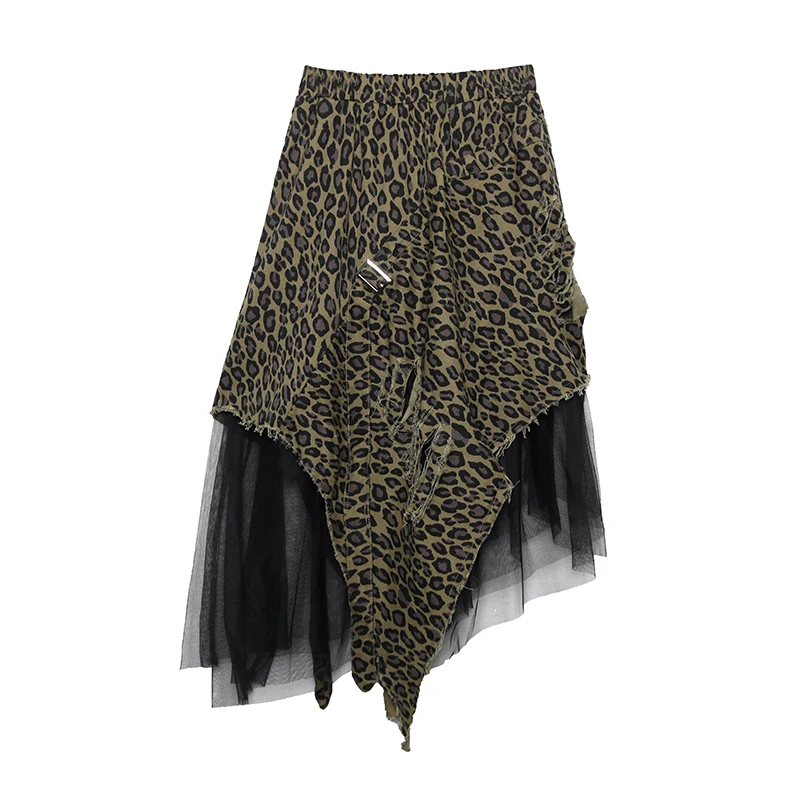 

Pole Wild Joker Summer Punk Style Korea Fashion New Pleated Leopard Lace Midi Skirt Women Irregular Print