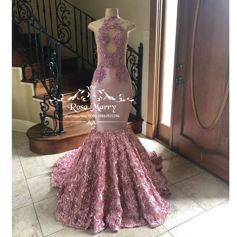 

Sexy Pink Halter Mermaid African Prom Dresses 2K20 Plus Size 3D Floral Vintage Lace Sequined Beaded Arabic 2020 vestido de festa