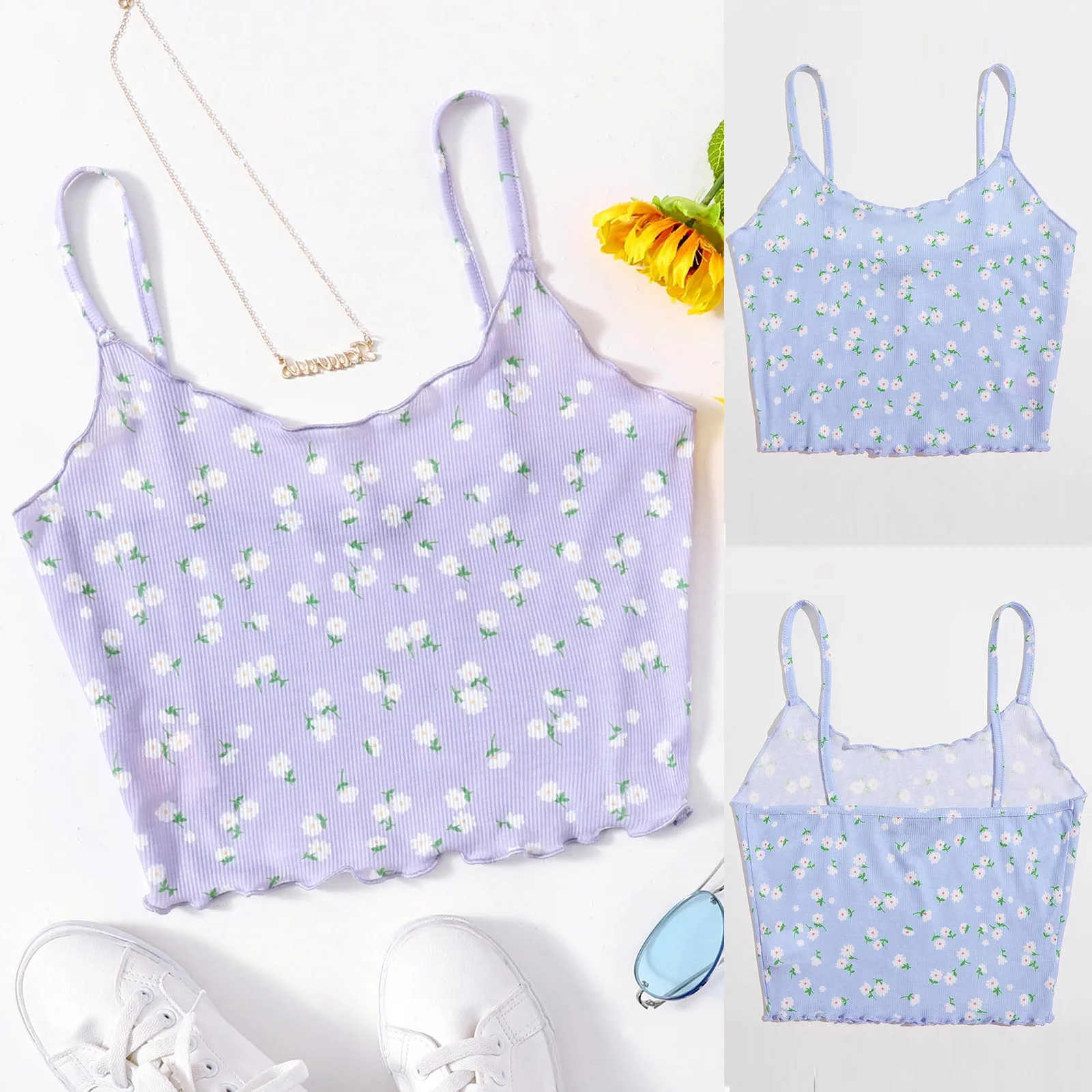 

Женский топ на тонких бретельках с цветочным принтом, женский маленький свежий Повседневный Топ без рукавов, топы, майки, майка, Кружевной у...