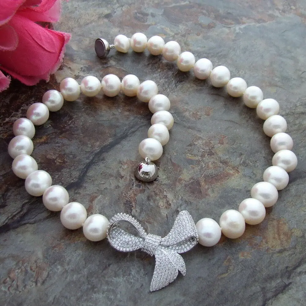 

10-11MM White Freshwater Pearl Necklace zircon Pendant 19"