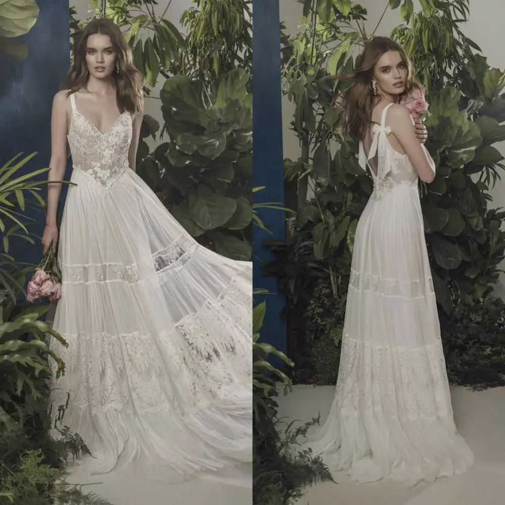 

Недорогие кружевные свадебные платья 2020, кружевные аппликации, платье на бретельках с открытой спиной, свадебные платья на заказ, пляжные с...