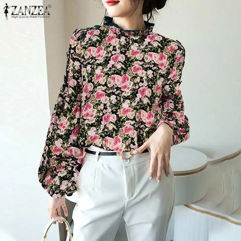 

Fashion Women's Printed Blouse 2021 Spring Autumn Office Lady Puff Sleeve Tops ZANZEA Casual Female Loose Oversize Blusa Femme 7