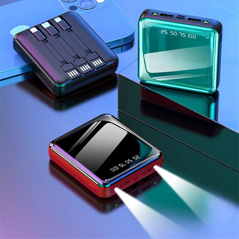 

20000mAh Portable Mini Power Bank Full Screen Built in Cable Powerbank External Battery Pack Dual LED Powerbank For Mobile Phone