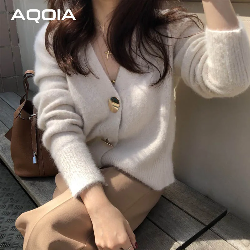 Корейский вязаный свитер AQOIA женские кардиганы мохеровый утепленный куртка с