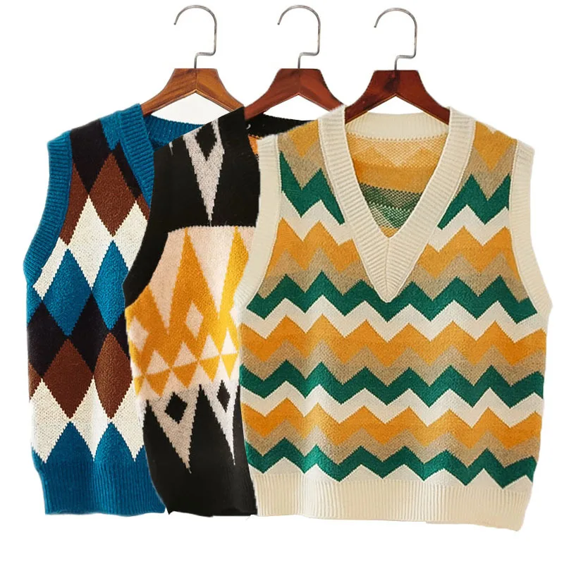 

Argyle Plaid Vintage Color Knitted Sweater Vest Women Tank Tops Sleeveless V-Neck Loose Casual 2020 Autumn New Korean Fashion