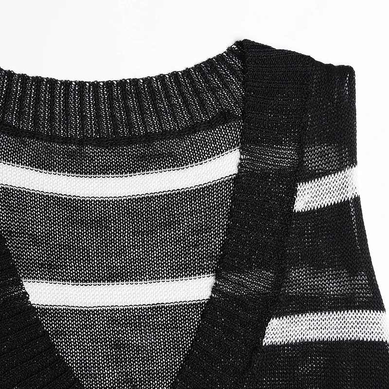XUXI 2020 Vest Knitted Female Wear Summer Thin Loose Medium And Long Size Fat Mm Striped T-shirt Sleeveless V-neck Top FZ1564 | Женская