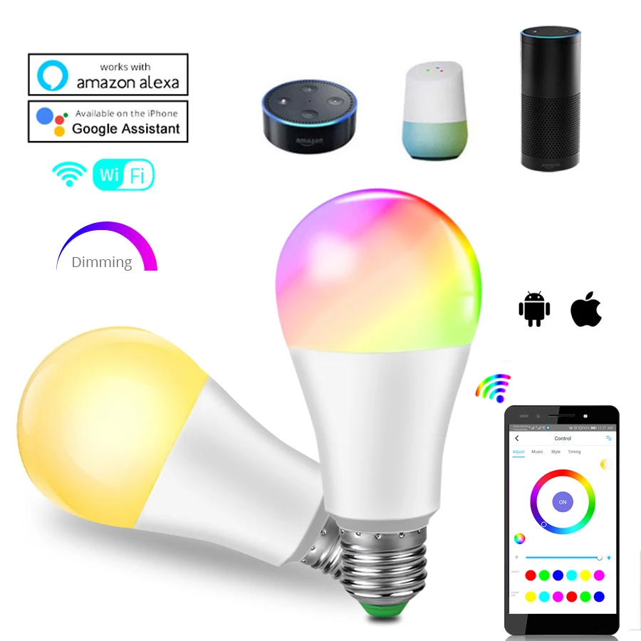 С регулируемой яркостью 15 Вт 85-265V смарт-лампочка WiFi Поддержка Amazon Alexa и Google Assistant голосовое Управление приложение интеллигентая(ый) Wake up лампа RGB/ww/cw