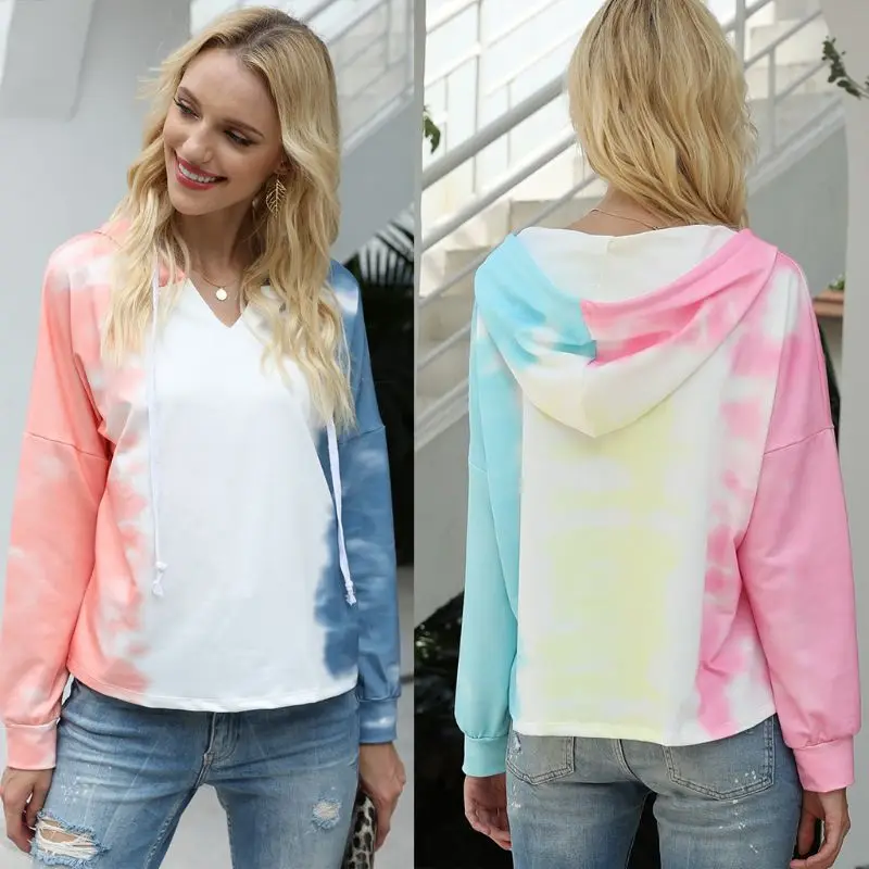 

Women Long Sleeve Drawstring Hoodies Color Block Tie-Dye Print Loose Pullover Tops V-Neck Casual Sports Sweatshirt