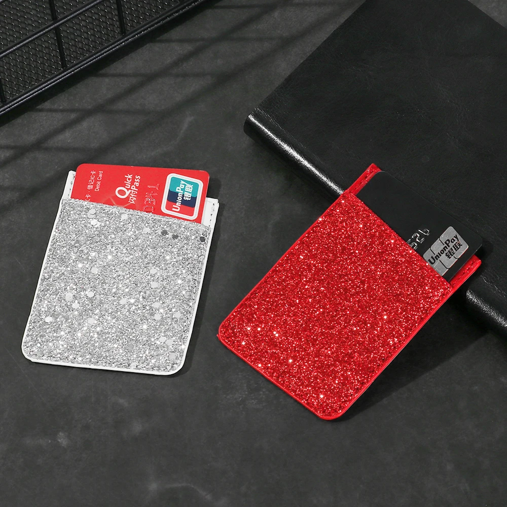 1PC PU Leather Sequins Cell phone Pocket Credit Card Holder For Phone Card Holder Sticker Adhesive Pouch Wallet Case