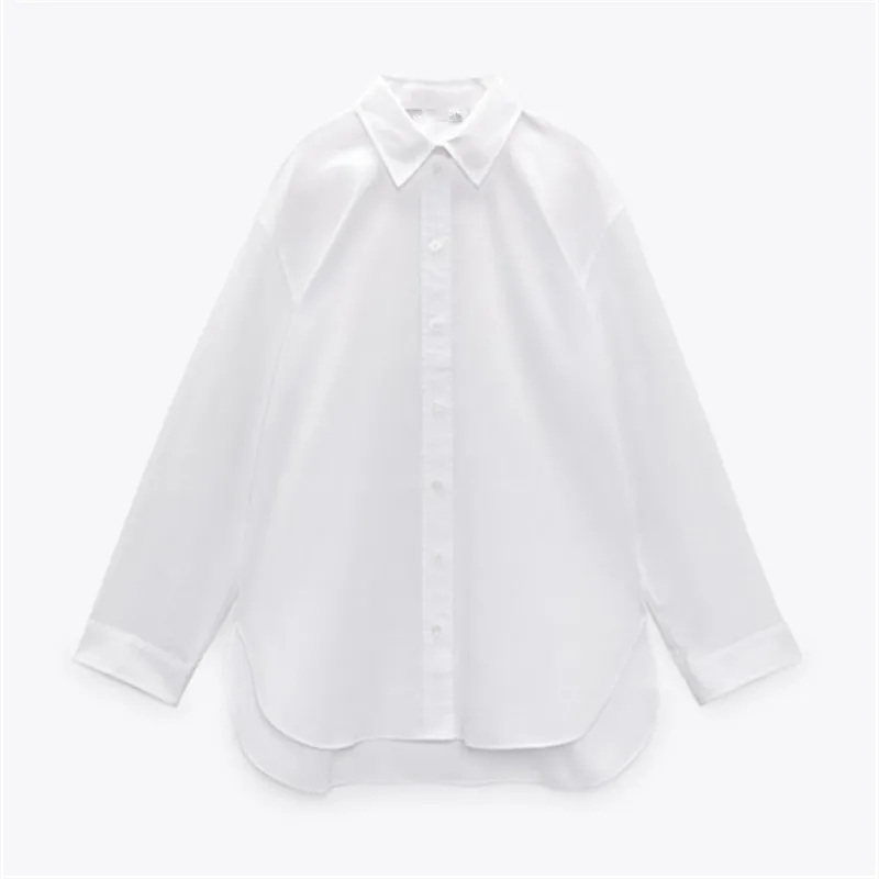 

PB&ZA2022 spring new women's loose all-match solid color polo collar buttoned long-sleeved split poplin shirt top