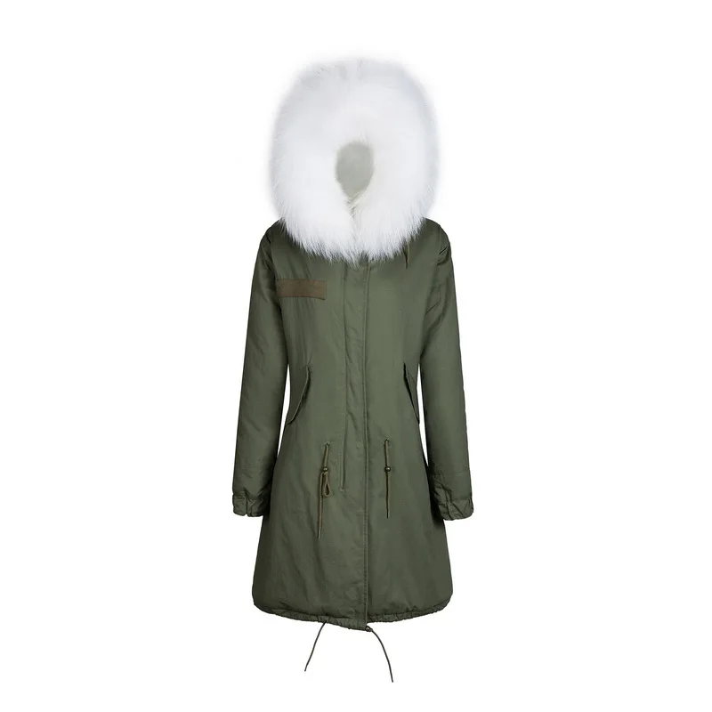 Парка женская меховая пальто болотного цвета с подкладкой из натурального меха