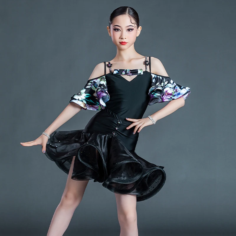 

Off-Shoulder Lotus Leaf Sleeve Top Latin Dress Ballroom Girls Tutu Skirt Stage Clothing Kids Salsa Samba Dance Costume SL5344