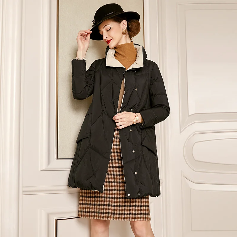 

SHZQ Black Down Jacket Women's Middle and Long 2021 Winter New Fashion White Duck Down Warm Thick Coat