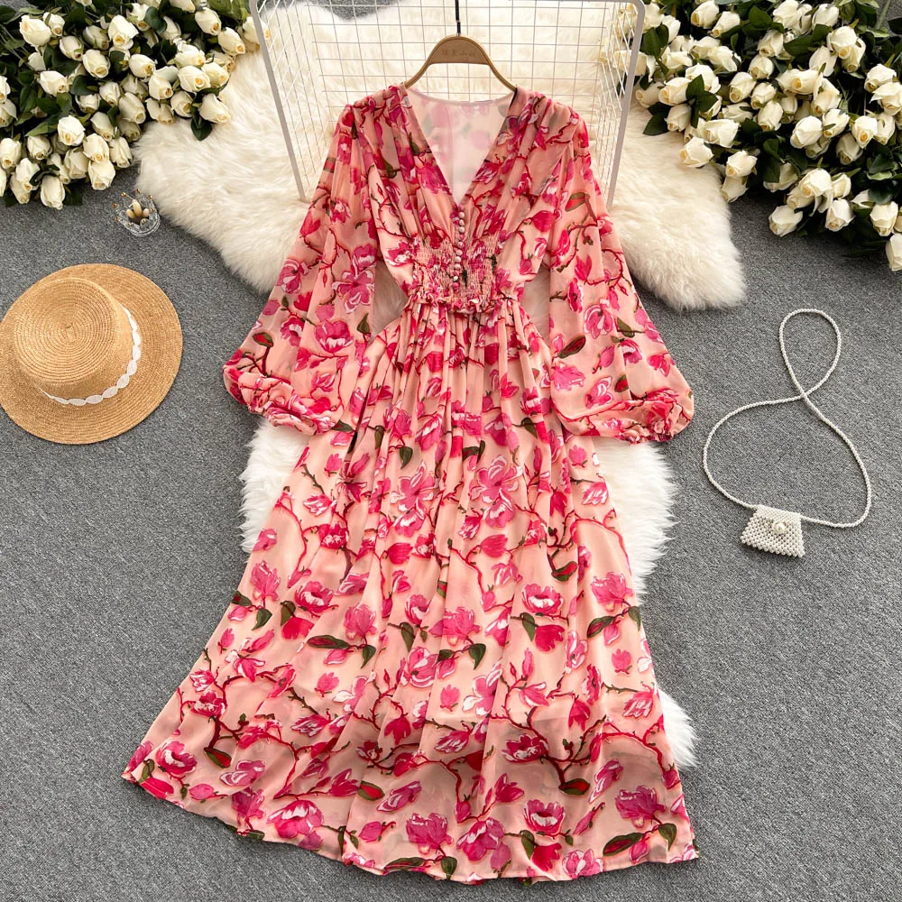 

2021 Autumn French Floral Dress Female Elegant Sweet Long Sleeve V Neck A-line Dresses Bohemian Print Vacation Midi Dress