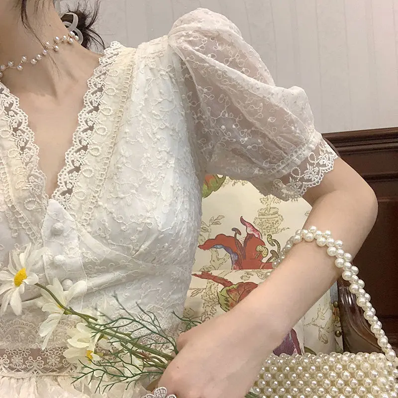 

One Piece Dress Korean V-Neck Elegant Vintage Dress Women Puff Sleeve Lace Dress Evening Party Dress Females 2021 Summer Chic