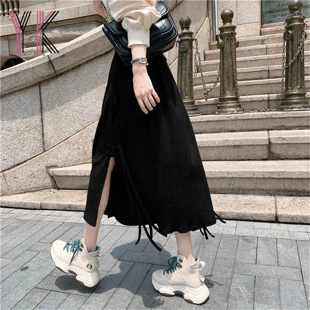 

Irregular Side Slit Lace Up Sexy Velvet Midi Skirt Gothic Punk Autumn Winter Desigual Sukienka Loose Elastic Y2k High Waist Saia
