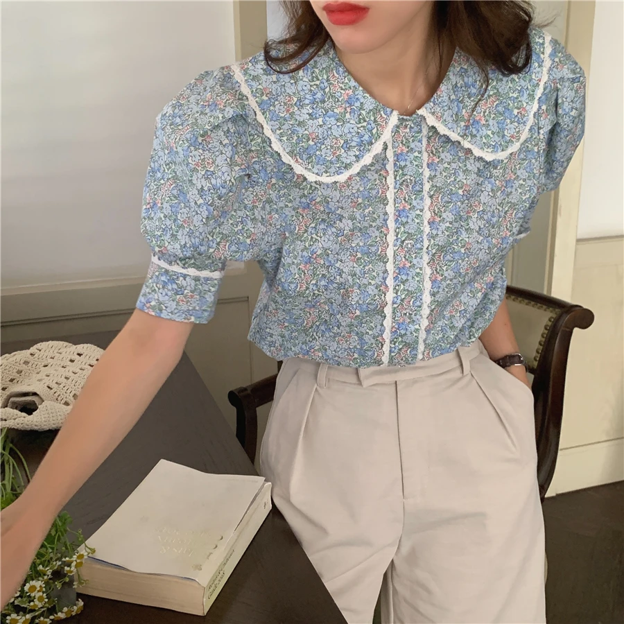 

Loose Florals Slim Office Lady Stylish Vintage Femme Summer All Match 2021 Lace Shirts Casual Chic Brief Blouses