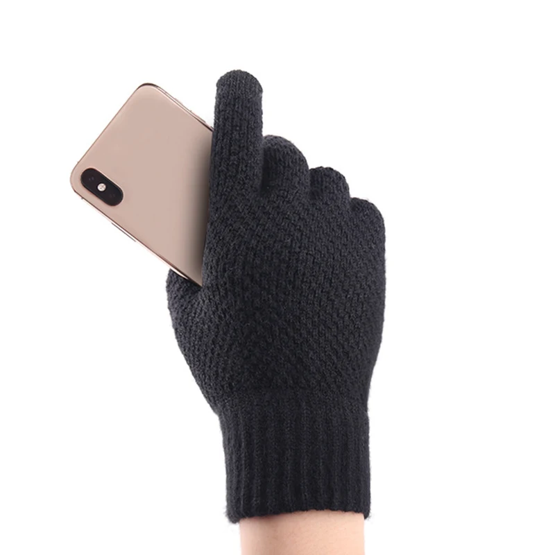 Удобные мужские вязаные перчатки зимние теплые плотные эластичные с пальцами