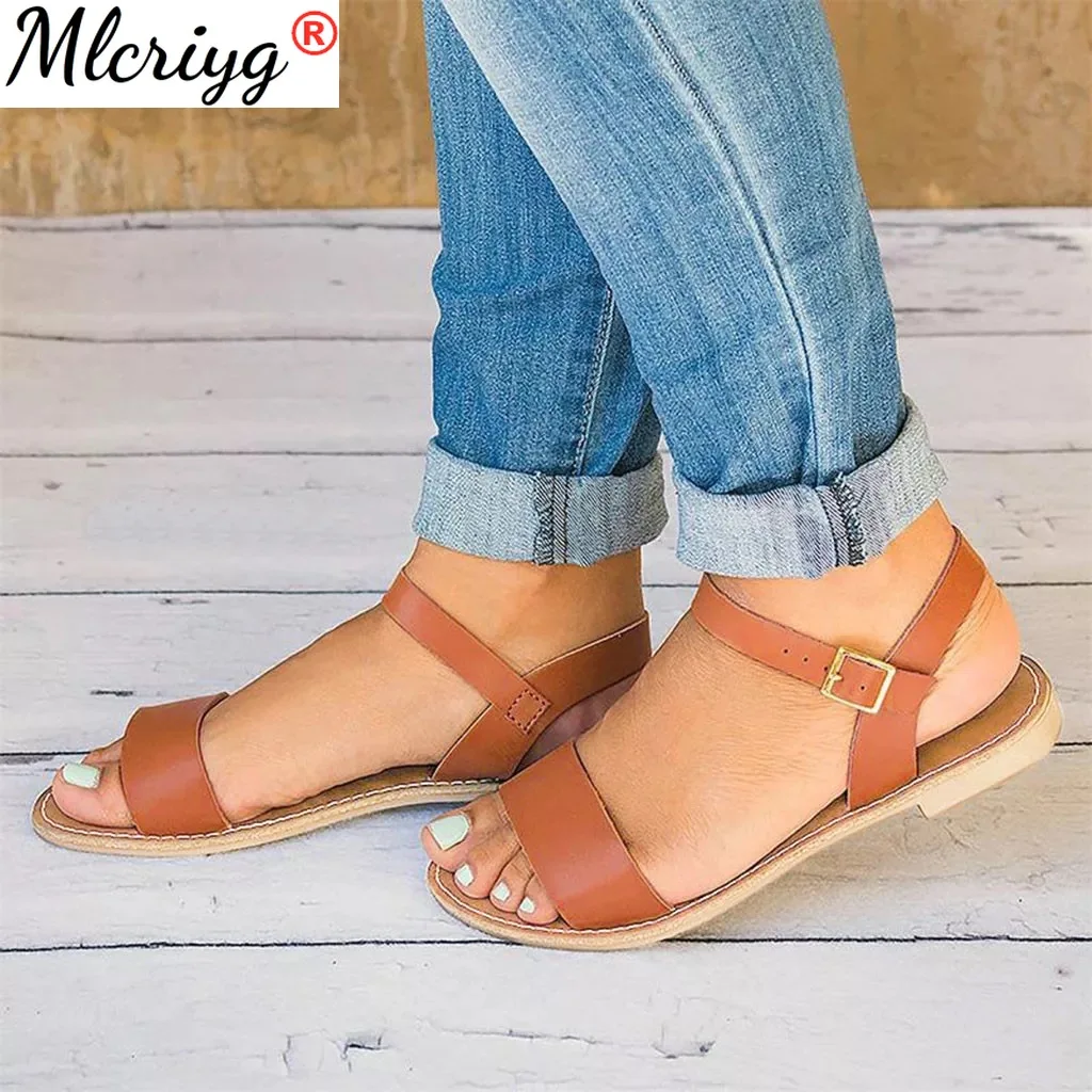 

2021 Beach Shoes Women Sandals New Comfortable Flat Bottom Casual Summer Ladies Plus Size 35-43 Buckle Strap Sandalia Feminina