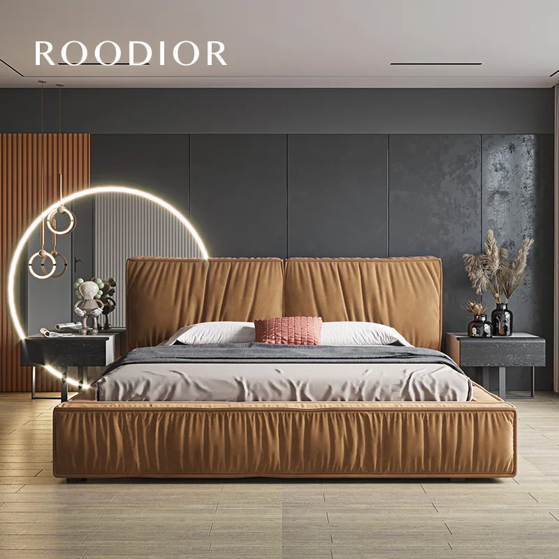 

Italian minimalist double bed, simple and modern style fabric bed, 1.8m feather soft-covered master bedroom wedding bed