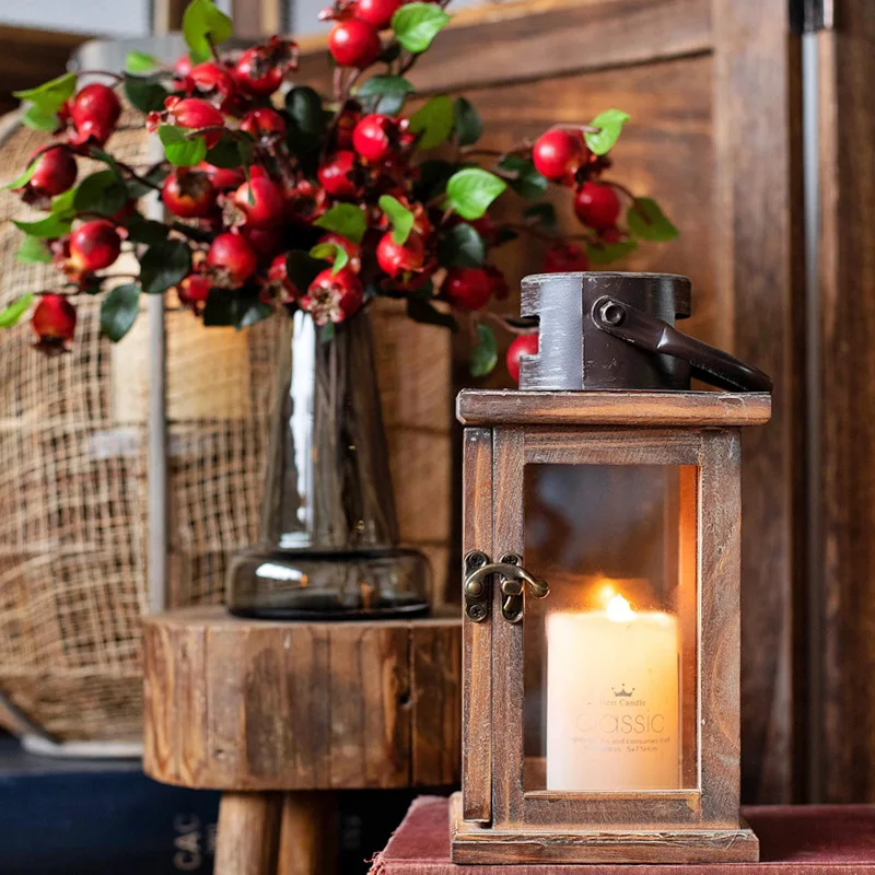 

American wrought iron retro candlestick wooden wind lanterns home Christmas decorations ornaments aromatherapy home decoration