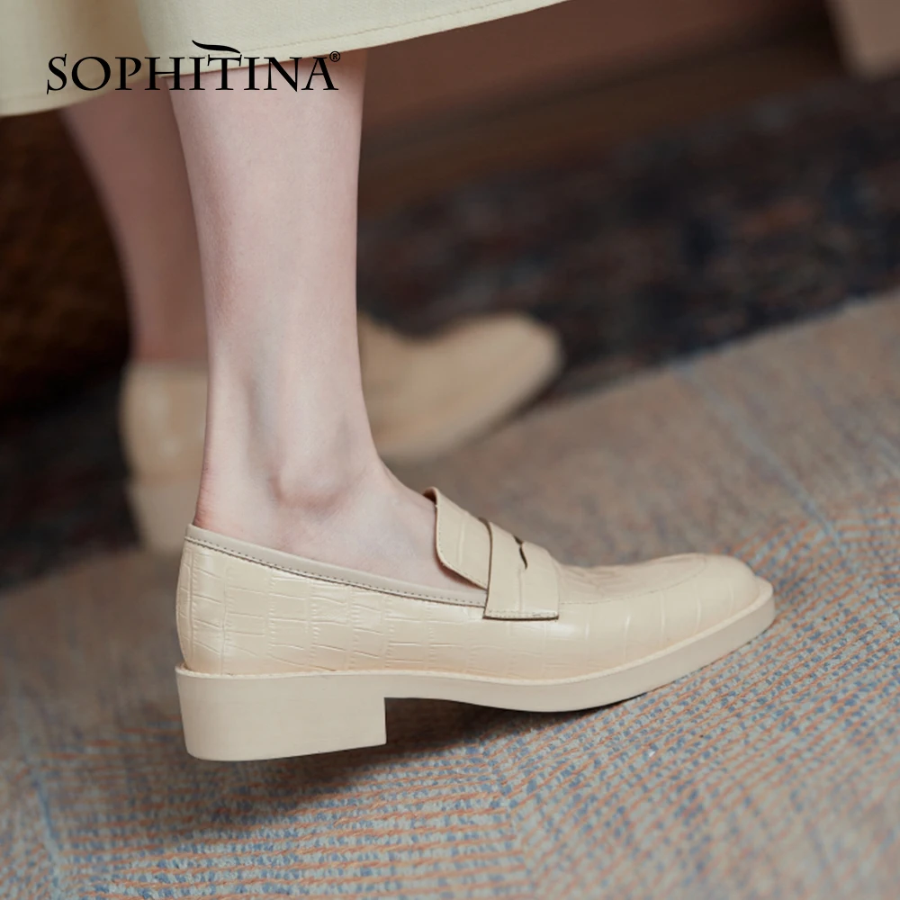 

Женские однотонные туфли SOPHITINA, натуральная кожа, круглый носок, без застежки, квадратный каблук, повседневная обувь, NO474