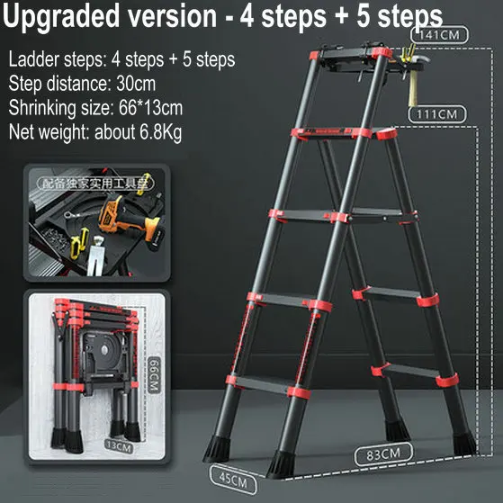 1.11M/1.41M Multi-Function Aluminum Telescopic Ladder Household Trestle Ladder Portable Five-Step Ladder Collapsible Lift Stairs
