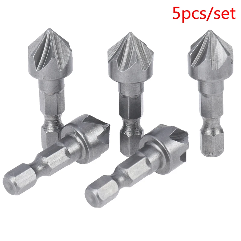 

5PCS 90 Degree Countersink Drill Chamfer Bit 1/4" Hex Shank Carpentry Woodworking Angle Point Bevel Cutting Cutter Remove Bur
